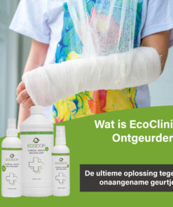 Afbeelding van een persoon met een arm in het gips, met daaronder drie flessen EcoClinic Ontgeurder en de tekst “Wat is EcoClinic Ontgeurder?”.
