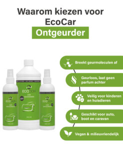 Drie flessen EcoCar Ontgeurder met opsomming van productvoordelen