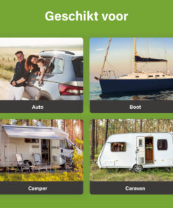 Collage van auto, boot, camper en caravan met tekst “Geschikt voor”