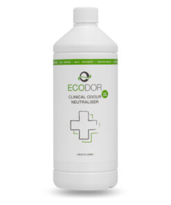 Fles Ecodor EcoClinic 1 liter navulfles, een ongeparfumeerde geurneutralisator voor de gezondheidszorg.