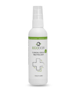 Fles Ecodor EcoClinic 0.1 liter reisformaat, een compacte geurneutralisator voor de gezondheidszorg.