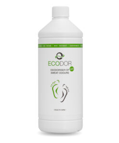 Fles Ecodor EcoFeet 1 liter navulfles, een effectieve zweetgeurverwijderaar voor schoenen, kleding en voeten.