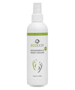 Fles Ecodor EcoFeet 0.25 liter, een compacte zweetgeurverwijderaar voor schoenen, kleding en voeten.