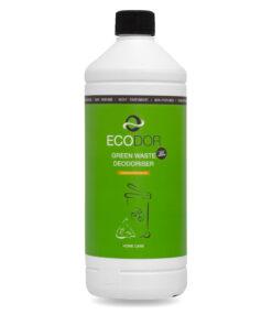 Fles Ecodor EcoShield 1 op 5 concentraat, een effectieve ontgeurder voor groente-, fruit- en tuinafval.