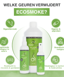 Afbeelding die laat zien welke geuren EcoSmoke verwijdert, zoals sigarettenrook, ingebrande rookgeur, rooklucht in gordijnen en meubels, sigaren- en pijproken, brandlucht en roetgeur, en tabaksgeur in kantoren en rookruimtes.