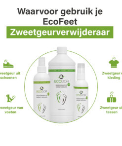 EcoFeet zweetgeurverwijderaar met toepassingen voor schoenen, kleding, voeten en tassen.