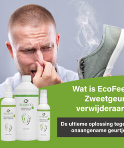 Man die zijn neus dichthoudt vanwege een sterk ruikende schoen, met EcoFeet zweetgeurverwijderaar op de voorgrond en tekst over de werking van het product.