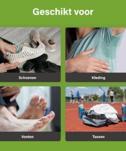 Afbeelding met vier vakken die tonen dat EcoFeet geschikt is voor schoenen, kleding, voeten en tassen.