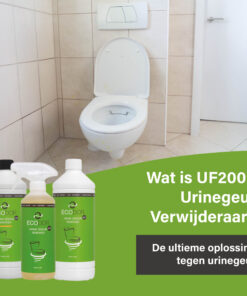 Afbeelding van een toilet met urinevlekken en drie flessen UF2000 Urinegeur Verwijderaar, met de tekst “Wat is UF2000 Urinegeur Verwijderaar?”.