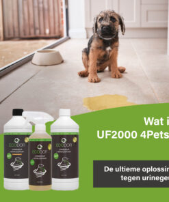 Afbeelding met een puppy die naast een plas urine op de vloer zit, met onderaan drie flessen UF2000 4Pets en de tekst “Wat is UF2000 4Pets?”.