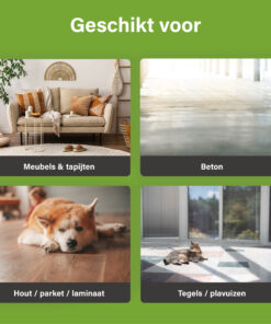 Overzichtsafbeelding die toont op welke oppervlakken UF2000 4Pets gebruikt kan worden: meubels en tapijten, beton, hout/parket/laminaat en tegels/plavuizen.