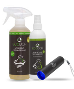 Productfoto van UF2000 4Pets urinegeurverwijderaar, een geur- en vlekverwijderaar en een UV-urinedetector.