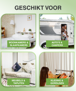 Afbeelding met opsomming van toepassingen waarin EcoSmoke geschikt is, zoals woningen, auto's en kantoren.