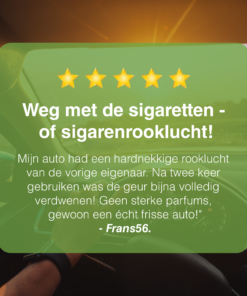 Afbeelding met een positieve klantreview over EcoSmoke, met hoge beoordelingen en lof voor de effectiviteit.