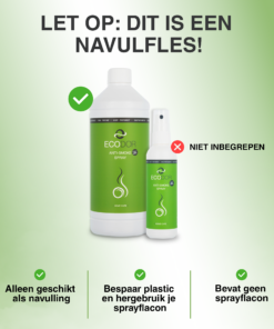 Afbeelding van een EcoSmoke 1-liter navulfles met de tekst: 'Let op: bij aankoop van deze navulfles wordt geen sprayflesje meegeleverd.