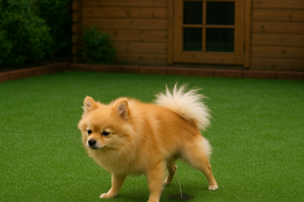 Hond plast op kunstgras in de tuin