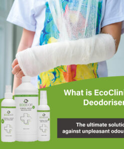 Afbeelding van een persoon met een arm in het gips, met daaronder drie flessen EcoClinic Ontgeurder en de tekst “Wat is EcoClinic Ontgeurder?”.