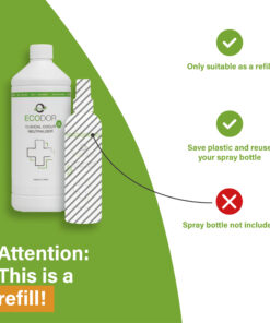 EcoClinic Ontgeurder navulfles met uitleg dat de sprayflacon niet is inbegrepen en alleen als navulling geschikt is.