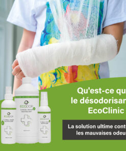 Afbeelding van een persoon met een arm in het gips, met daaronder drie flessen EcoClinic Ontgeurder en de tekst “Wat is EcoClinic Ontgeurder?”.