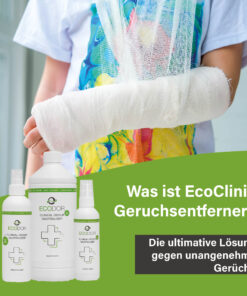 Afbeelding van een persoon met een arm in het gips, met daaronder drie flessen EcoClinic Ontgeurder en de tekst “Wat is EcoClinic Ontgeurder?”.