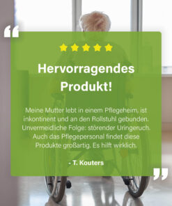 Reviewafbeelding met een oudere persoon in een rolstoel in een verzorgingshuis en een testimonial over het verminderen van urinegeur met EcoClinic-producten.