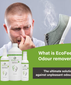 Man die zijn neus dichthoudt vanwege een sterk ruikende schoen, met EcoFeet zweetgeurverwijderaar op de voorgrond en tekst over de werking van het product.