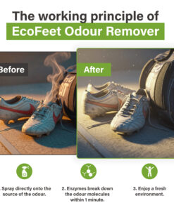 Voor-en-na afbeelding van sportschoenen met zichtbare zweetgeur in het ‘voor’-beeld en frisse, geurvrije schoenen in het ‘na’-beeld, met uitleg over hoe EcoFeet Zweetgeurverwijderaar werkt.