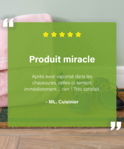 Reviewafbeelding met een deurmat, schoenen en een groene overlay met vijf sterren en een klantbeoordeling over EcoFeet zweetgeurverwijderaar.