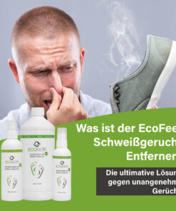 Man die zijn neus dichthoudt vanwege een sterk ruikende schoen, met EcoFeet zweetgeurverwijderaar op de voorgrond en tekst over de werking van het product.