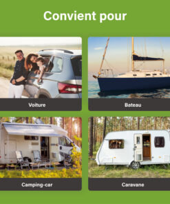 Collage de voiture, bateau, camping‑car et caravane avec le texte « Adapté à »