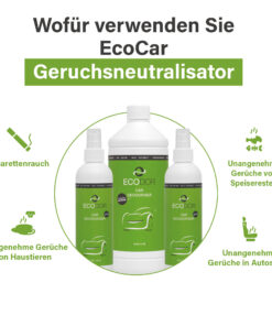 Drie flessen EcoCar Ontgeurder met iconen van geurverwijdering