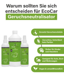 Drie flessen EcoCar Ontgeurder met opsomming van productvoordelen