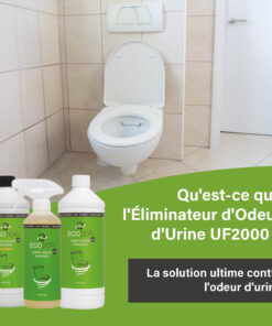 Afbeelding van een toilet met urinevlekken en drie flessen UF2000 Urinegeur Verwijderaar, met de tekst “Wat is UF2000 Urinegeur Verwijderaar?”.
