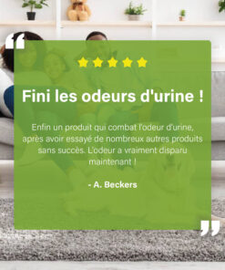 Klantreview over het verwijderen van urinelucht, geplaatst op een groene transparante overlay voor een foto van een gezin op een bank.