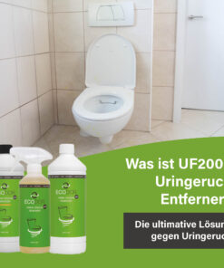 Afbeelding van een toilet met urinevlekken en drie flessen UF2000 Urinegeur Verwijderaar, met de tekst “Wat is UF2000 Urinegeur Verwijderaar?”.
