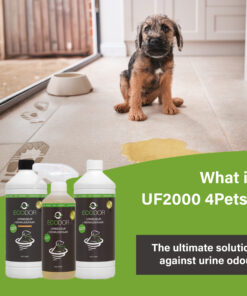 Afbeelding met een puppy die naast een plas urine op de vloer zit, met onderaan drie flessen UF2000 4Pets en de tekst “Wat is UF2000 4Pets?”.