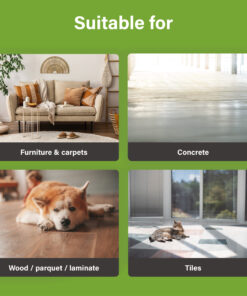 Overzichtsafbeelding die toont op welke oppervlakken UF2000 4Pets gebruikt kan worden: meubels en tapijten, beton, hout/parket/laminaat en tegels/plavuizen.