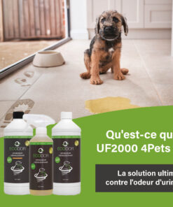 Afbeelding met een puppy die naast een plas urine op de vloer zit, met onderaan drie flessen UF2000 4Pets en de tekst “Wat is UF2000 4Pets?”.