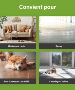 Overzichtsafbeelding die toont op welke oppervlakken UF2000 4Pets gebruikt kan worden: meubels en tapijten, beton, hout/parket/laminaat en tegels/plavuizen.