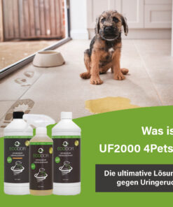 Afbeelding met een puppy die naast een plas urine op de vloer zit, met onderaan drie flessen UF2000 4Pets en de tekst “Wat is UF2000 4Pets?”.