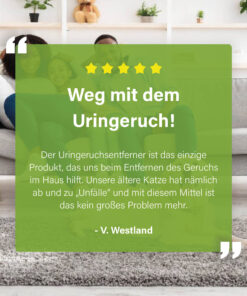 Afbeelding met een klantreview over het verwijderen van urinelucht, geplaatst over een foto van een gezin op een bank, met tekst en sterrenbeoordeling.