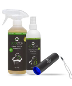 Productfoto van UF2000 4Pets urinegeurverwijderaar, een geur- en vlekverwijderaar en een UV-urinedetector.